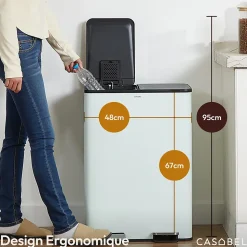 CASABEL Poubelle Tri Selectif 60L - 2x30L, Double Compartiments, Pédale, Bacs Amovibles, Couvercles Silencieux