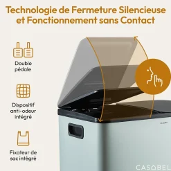 CASABEL Poubelle Tri Selectif 60L - 2x30L, Double Compartiments, Pédale, Bacs Amovibles, Couvercles Silencieux