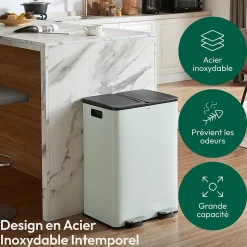 CASABEL Poubelle Tri Selectif 60L - 2x30L, Double Compartiments, Pédale, Bacs Amovibles, Couvercles Silencieux