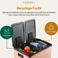 CASABEL Poubelle Tri Selectif 60L, 2x30L Acier INOX TERRACOTTA, Double Compartiments, Pedale, Bacs Amovibles