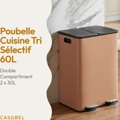 CASABEL Poubelle Tri Selectif 60L, 2x30L Acier INOX TERRACOTTA, Double Compartiments, Pedale, Bacs Amovibles