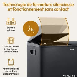 CASABEL Poubelle Tri Selectif 60 Liter, 2x30 Liter Acier INOX NOIRE, Double Compartiments, Pédale, Bacs Amovibles