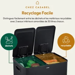 CASABEL Poubelle Tri Selectif 60 Liter, 2x30 Liter Acier INOX NOIRE, Double Compartiments, Pédale, Bacs Amovibles