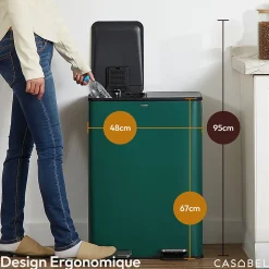 CASABEL Poubelle Tri Selectif 60L - 2x30L Acier , Double Compartiments, Pédale, Bacs Amovibles, Couvercles Silencieux