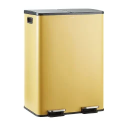 CASABEL Poubelle Tri Selectif 60L, 2x30L Acier INOX OCRE, Double Compartiments, Pedale, Bacs Amovibles, Couvercles Silencieux
