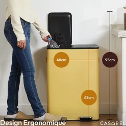 CASABEL Poubelle Tri Selectif 60L, 2x30L Acier INOX OCRE, Double Compartiments, Pedale, Bacs Amovibles, Couvercles Silencieux