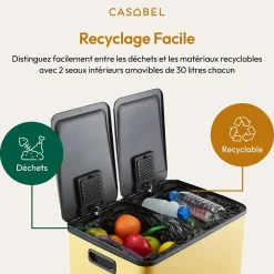 CASABEL Poubelle Tri Selectif 60L, 2x30L Acier INOX OCRE, Double Compartiments, Pedale, Bacs Amovibles, Couvercles Silencieux
