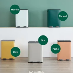 CASABEL Poubelle Tri Selectif 60L, 2x30L Acier INOX OCRE, Double Compartiments, Pedale, Bacs Amovibles, Couvercles Silencieux