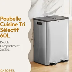 CASABEL Poubelle Tri Selectif 60L, 2x30L Acier INOX CHROME, Double Compartiments, Pedale, Bacs Amovibles, Couvercles Silencieux