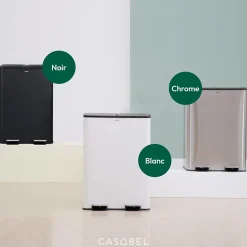 CASABEL Poubelle Tri Selectif 60L, 2x30L Acier INOX CHROME, Double Compartiments, Pedale, Bacs Amovibles, Couvercles Silencieux