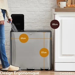 CASABEL Poubelle Tri 3x20L Inox Chrome 60L, anti-Traces, Anti-Odeurs, à Pédales, Idéale pour le Recyclage Cuisine