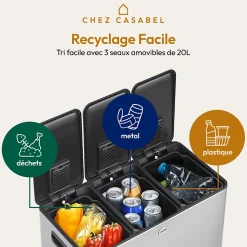 CASABEL Poubelle Tri 3x20L Inox Chrome 60L, anti-Traces, Anti-Odeurs, à Pédales, Idéale pour le Recyclage Cuisine