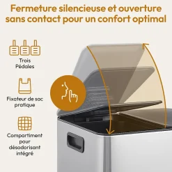 CASABEL Poubelle Tri 3x20L Inox Chrome 60L, anti-Traces, Anti-Odeurs, à Pédales, Idéale pour le Recyclage Cuisine