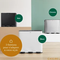 CASABEL Poubelle Tri 3x20L Inox Chrome 60L, anti-Traces, Anti-Odeurs, à Pédales, Idéale pour le Recyclage Cuisine