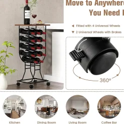 Casier à Vin 14 Bouteilles avec Roues Organisateur de Rangement de Vin Mobile avec Cadre Métallique Plateau en Bois Noir