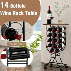 Casier à Vin 14 Bouteilles avec Roues Organisateur de Rangement de Vin Mobile avec Cadre Métallique Plateau en Bois Noir