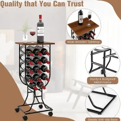 Casier à Vin 14 Bouteilles avec Roues Organisateur de Rangement de Vin Mobile avec Cadre Métallique Plateau en Bois Noir