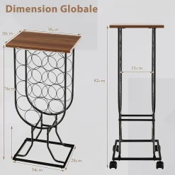 Casier à Vin 14 Bouteilles avec Roues Organisateur de Rangement de Vin Mobile avec Cadre Métallique Plateau en Bois Noir