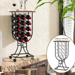 Casier à Vin 14 Bouteilles avec Roues Organisateur de Rangement de Vin Mobile avec Cadre Métallique Plateau en Bois Noir