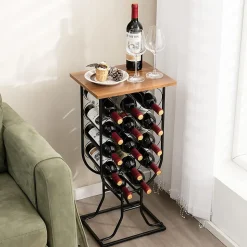 Casier à Vin 14 Bouteilles avec Roues Organisateur de Rangement de Vin Mobile avec Cadre Métallique Plateau en Bois Noir