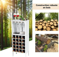 Casier a Vin avec 20 Emplacements et Porte gobelet Etagere a Bouteille en Pin pour Cave Collier Cuisine Blanc