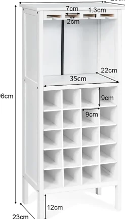 Casier a Vin avec 20 Emplacements et Porte gobelet Etagere a Bouteille en Pin pour Cave Collier Cuisine Blanc