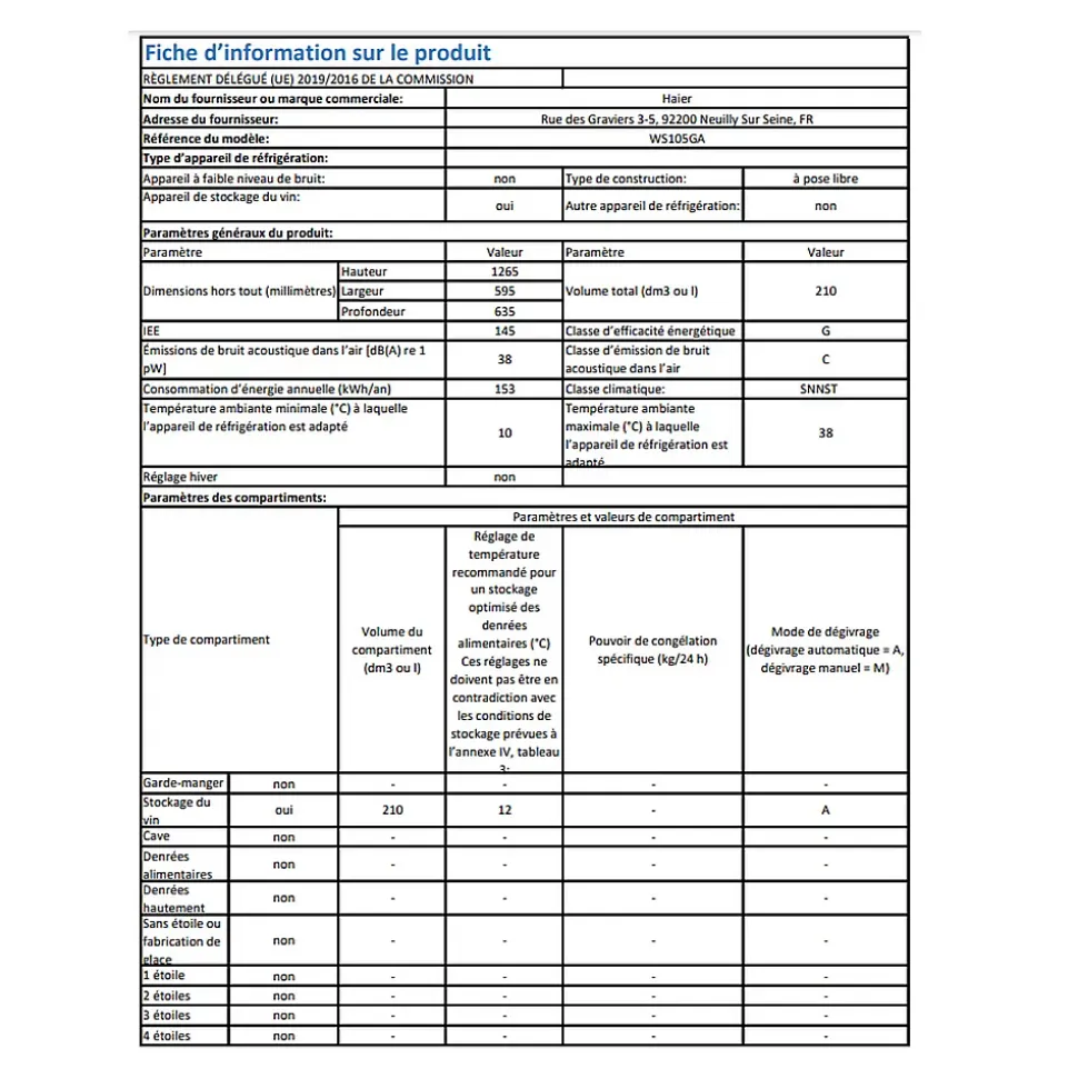 Cave à vin de vieillissement 105 bouteilles Haier WS105GA
