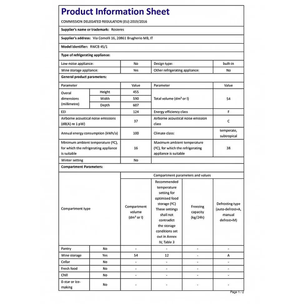 Cave à vin encastrable sous plan 24 bouteilles Rosieres RWCB451