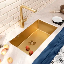 Ceramia Timeless Évier de cuisine sous plan inox 304, 1 bac , 68x45x21 cm, Or brossé PVD