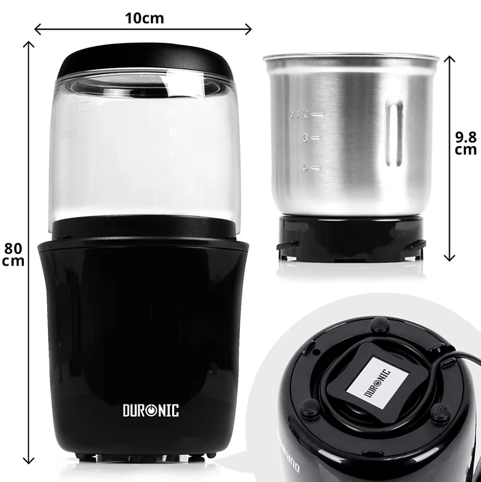 CG250 Moulin à café électrique 250W Capacité 75 g Acier inoxydable Mouture des grains de café pour espresso cappuccino Duronic