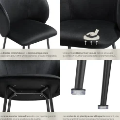 Chaise de bar en velours rembourré avec dossier large et un repose-pieds Lot de 2