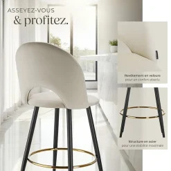 Chaise de bar en velours rembourré avec dossier et repose-pieds Lot de 2