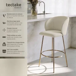 Chaise de bar en velours rembourré avec dossier large et un repose-pieds Lot de 2