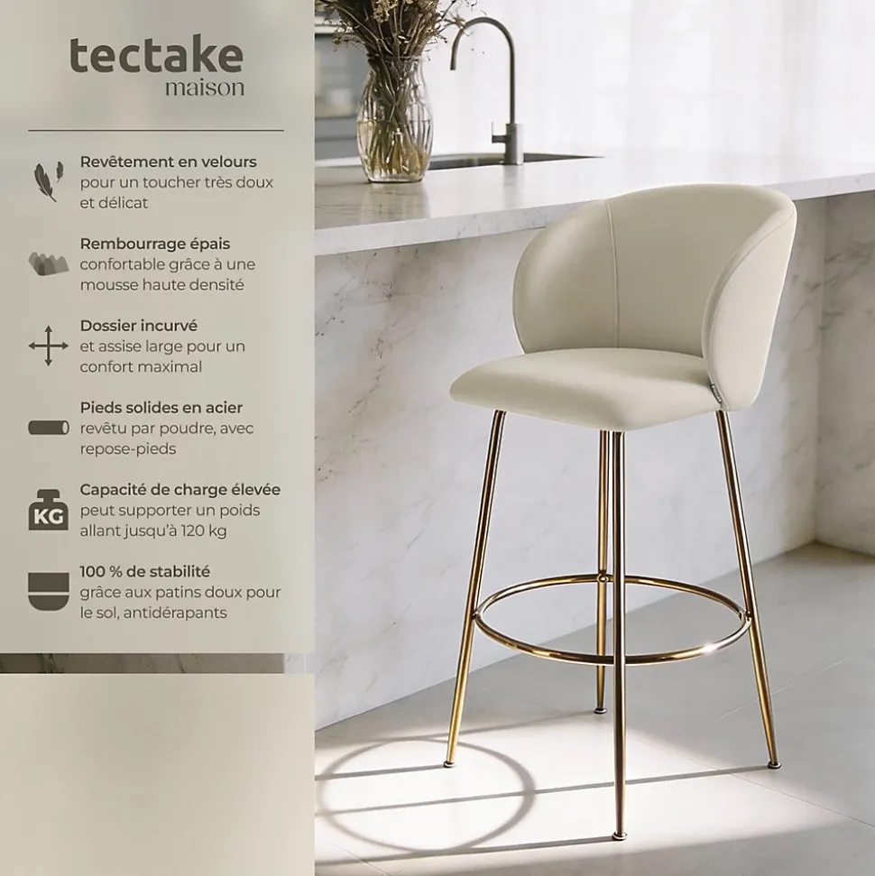 Chaise de bar en velours rembourré avec dossier large et un repose-pieds Lot de 2