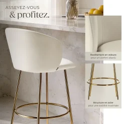 Chaise de bar en velours rembourré avec dossier large et un repose-pieds Lot de 2