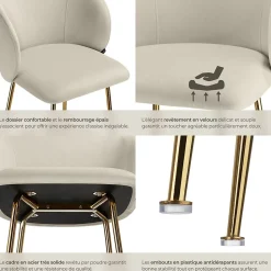 Chaise de bar en velours rembourré avec dossier large et un repose-pieds Lot de 2