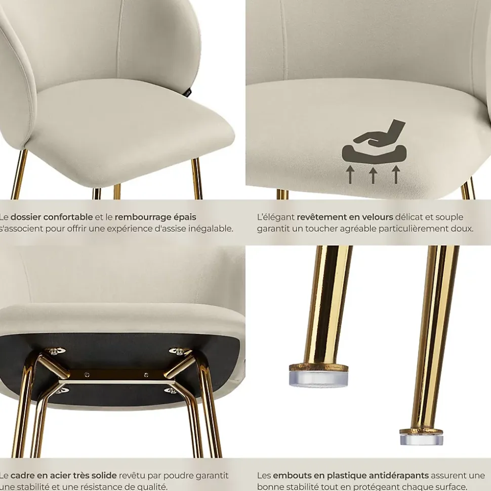 Chaise de bar en velours rembourré avec dossier large et un repose-pieds Lot de 2