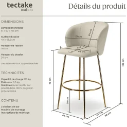 Chaise de bar en velours rembourré avec dossier large et un repose-pieds Lot de 2