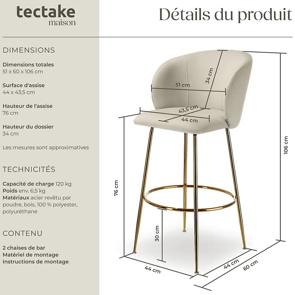 Chaise de bar en velours rembourré avec dossier large et un repose-pieds Lot de 2