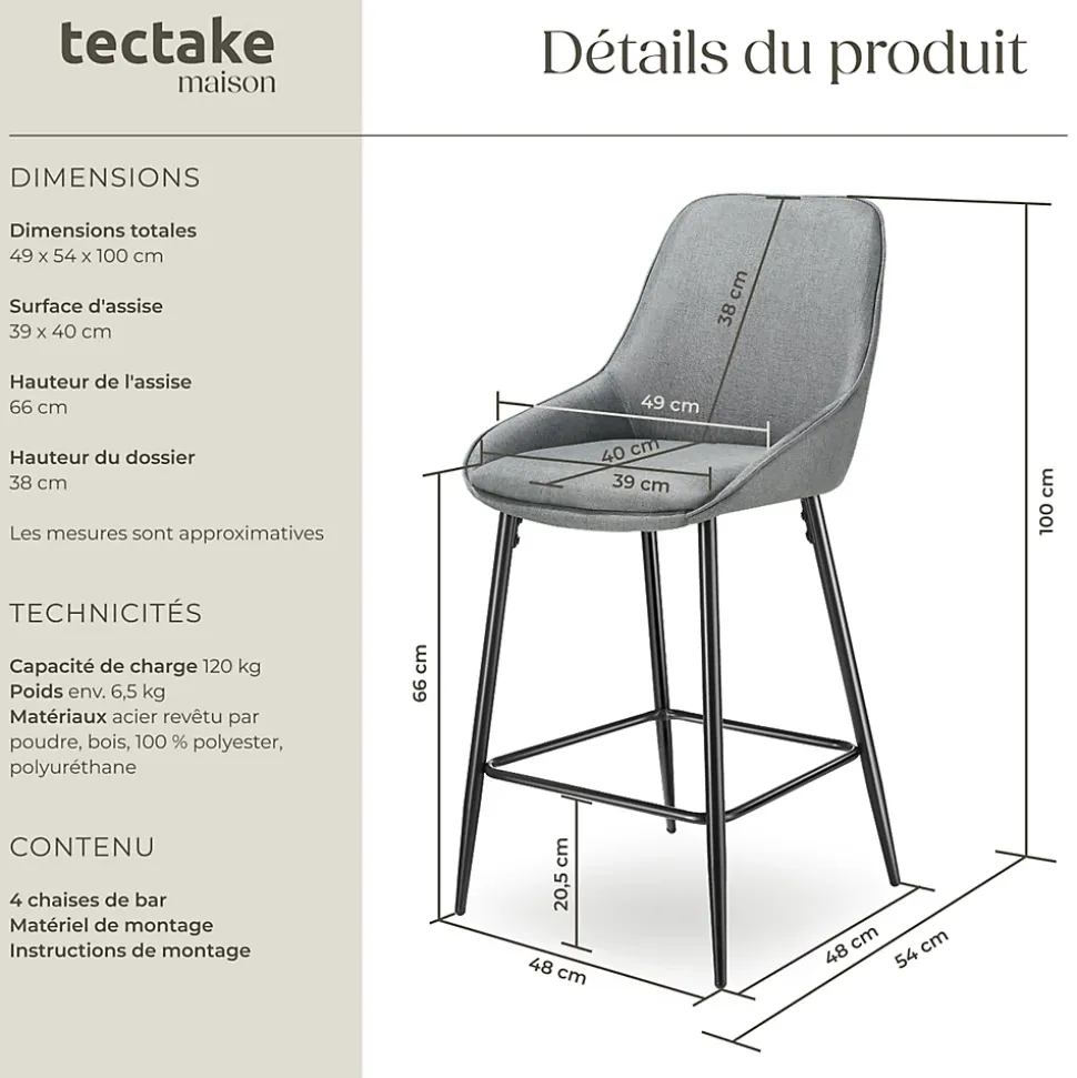 Chaise de bar rembourrée avec une housse douce dossier et repose-pieds Lot de 4