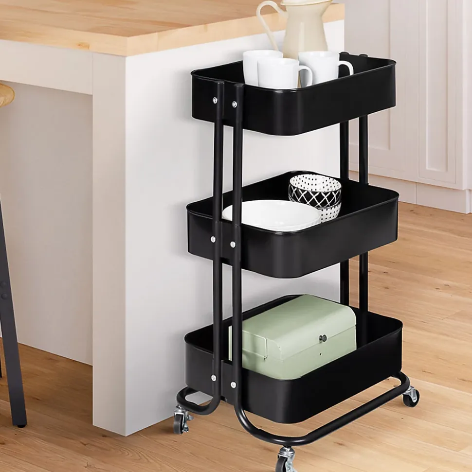Chariot 3 niveaux desserte étagère de rangement à roulettes acier noir