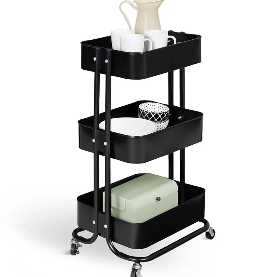 Chariot 3 niveaux desserte étagère de rangement à roulettes acier noir