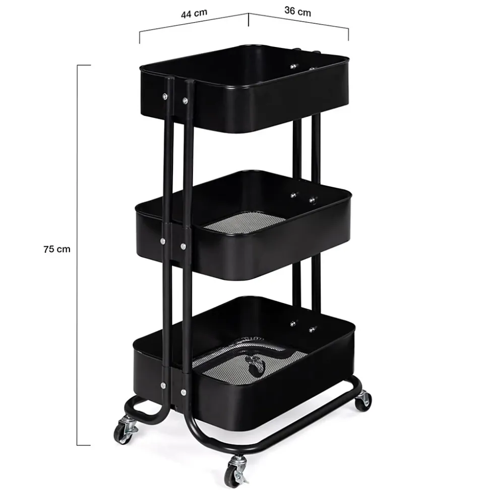 Chariot 3 niveaux desserte étagère de rangement à roulettes acier noir
