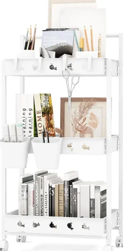 Chariot à roulettes à 3 Niveaux 4 Roues Universelles Verrouillables Poignée 2 Bacs de Rangement 4 Crochets Desserte Chariot