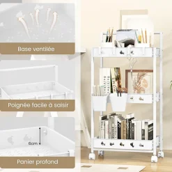 Chariot à roulettes à 3 Niveaux 4 Roues Universelles Verrouillables Poignée 2 Bacs de Rangement 4 Crochets Desserte Chariot