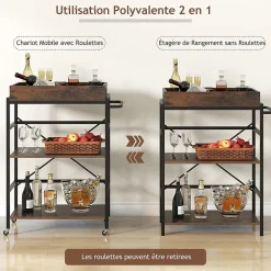 Chariot à roulettes à 3 Niveaux Plateau Amovible 4 roulettes Universelles Verrouillables Desserte Chariot Roulant