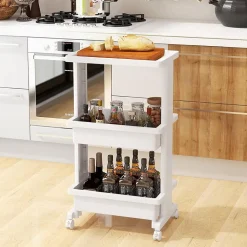 Chariot à roulettes 3 Niveaux 2 Roues Verrouillables 2 Paniers de Rangement Plateau Rainuré Chariot à roulettes Rangement