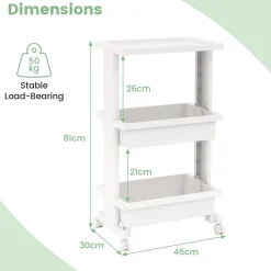 Chariot à roulettes 3 Niveaux 2 Roues Verrouillables 2 Paniers de Rangement Plateau Rainuré Chariot à roulettes Rangement