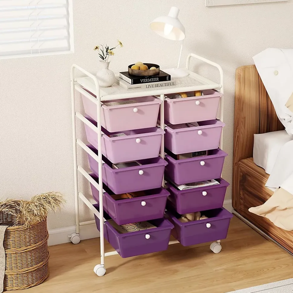 Chariot à roulettes avec 10 Tiroirs, Chariot de Rangement à 4 roulettes, 2 avec Frein, Cadre en Fer & Tiroirs en Plastique