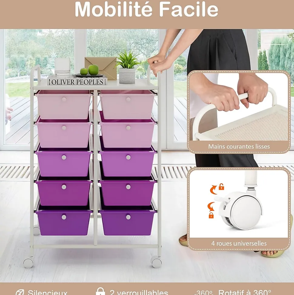 Chariot à roulettes avec 10 Tiroirs, Chariot de Rangement à 4 roulettes, 2 avec Frein, Cadre en Fer & Tiroirs en Plastique